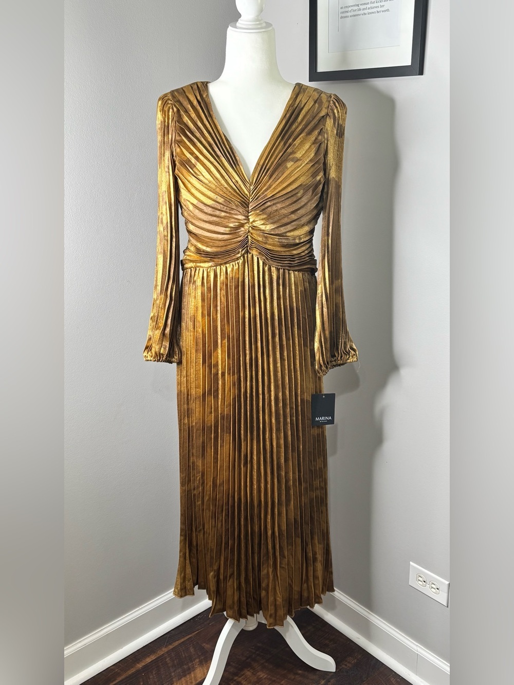Marina Long Sleeve Metallic Gold Pleated Maxi Dress Size S